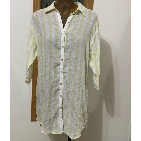 Linen Blend Long Button Shirt Striped Cover Up - Picture 1 of 11